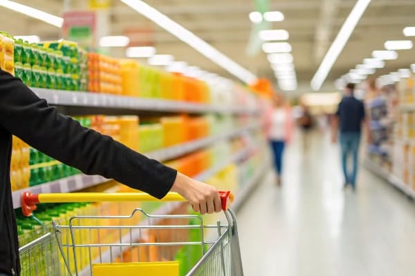 Hand pushing cart through supermarket aisle