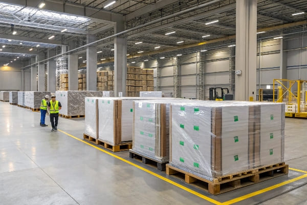 Large warehouse with pallets wrapped in plastic
