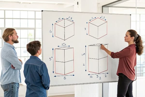 Instructeur féminin discutant de quatre diagrammes de dimension cube sur Whiteboard avec deux apprenants