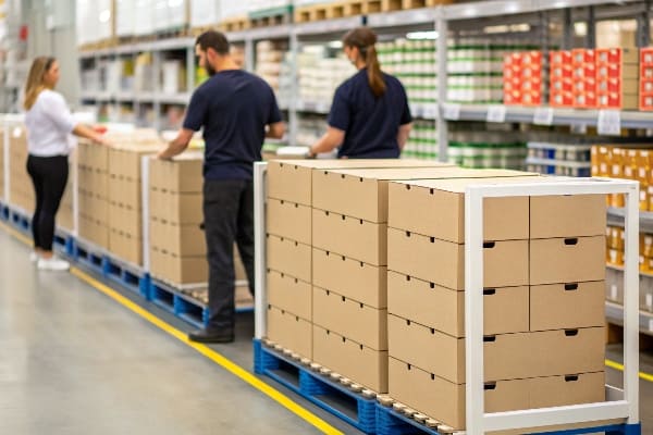 Workers organizing cardboard boxes in store