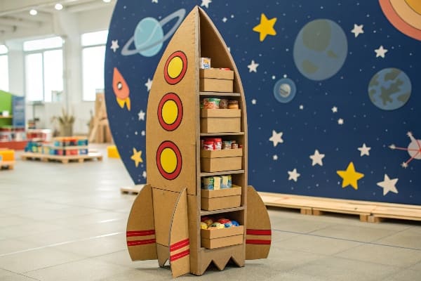 Cardboard rocket-shaped retail display filled with small packaged products