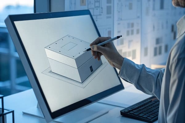 Person designing 3D package model on computer screen