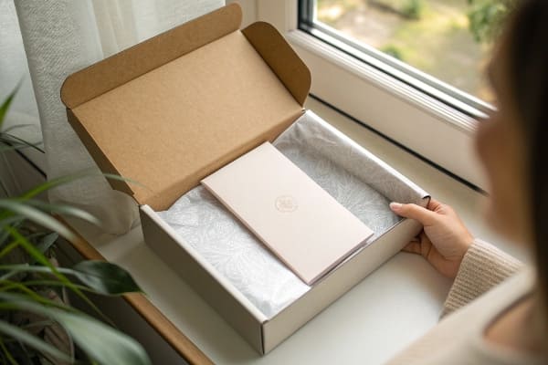 Woman opening cardboard box with elegant invitation card inside