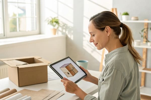 Woman holding tablet with box model on screen while working in a packaging design studio