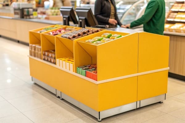 Yellow retail display stand filled with snacks near checkout counter