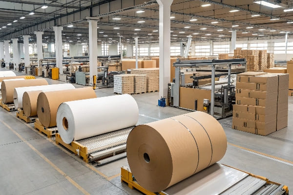 Large industrial packaging facility with paper rolls and stacked boxes