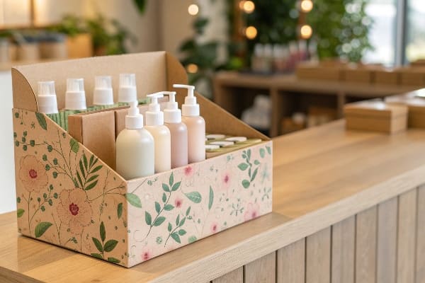 Decorative cardboard display box with assorted cosmetic bottles on wooden counter