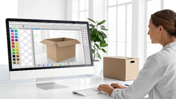 Woman designing an open cardboard box using 3D software on a desktop computer