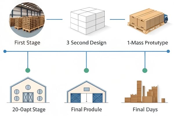 Step-by-step product development timeline with icons and misspelled labels
