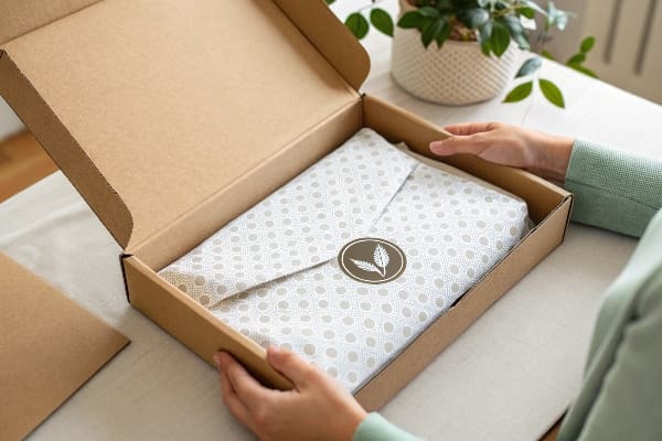 Hands holding kraft box with dotted wrap and nature seal on table