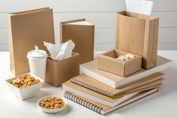 Various kraft paper packaging items with snacks and notebooks on table