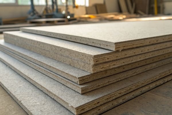 Stacked particle boards on a woodworking table in a carpentry workshop