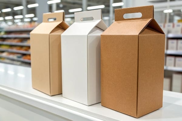 Three carton-style boxes with handle cutouts on retail shelf