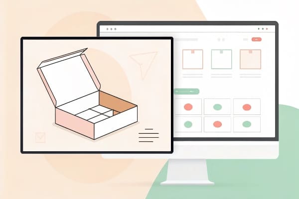 Computerbildschirm mit digitalem Verpackungsdesign mit geöffneter Schachtel