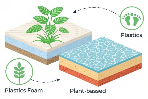 Comparison of plastic foam and plant-based materials with icons and layers