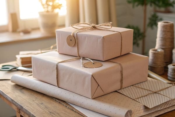 Two wrapped PR packages tied with twine on craft table