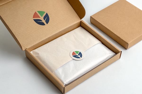Eco mailer box with tissue-wrapped product and printed seal