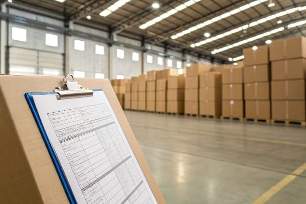 Warehouse with stacked cardboard boxes and clipboard inventory sheet