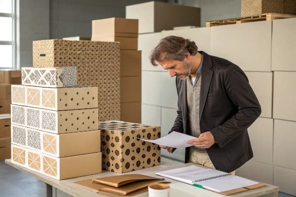 Designer inspecting patterned cardboard boxes in packaging studio