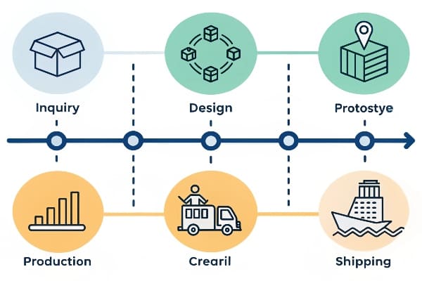Infographic showing packaging process steps with icons and labels