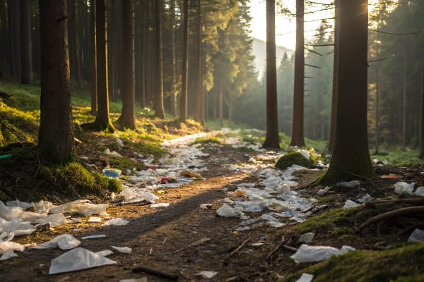 Forest trail heavily littered with plastic waste and trash