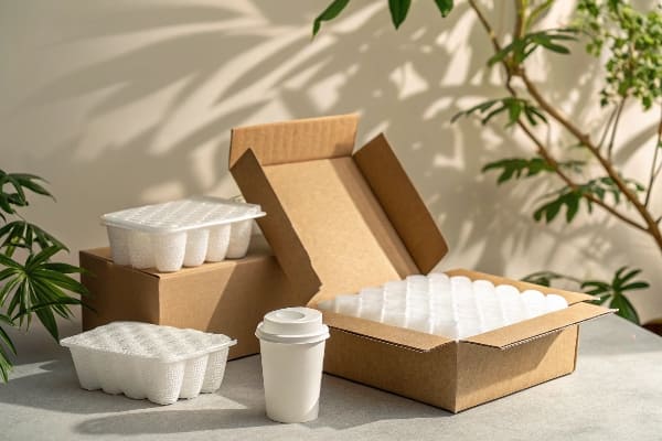 Eco-friendly packaging with foam trays and cardboard boxes on a table
