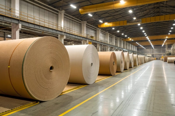 Large rolls of kraft and white paper stored in factory warehouse