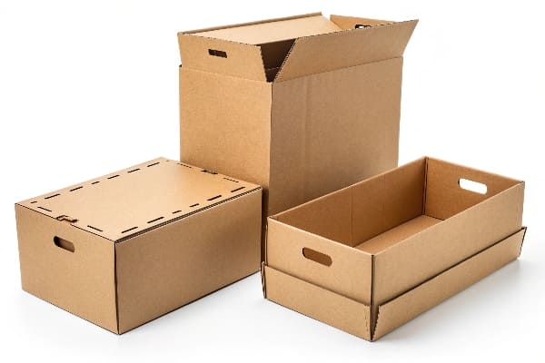 Three different corrugated cardboard packaging boxes with handles