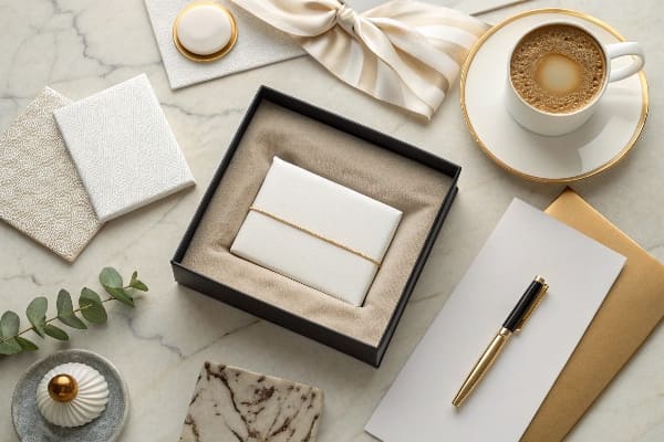 Luxury PR gift box with fabric insert, pen, and coffee on marble desk