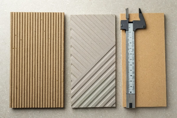 Three textured cardboard samples with caliper measuring thickness