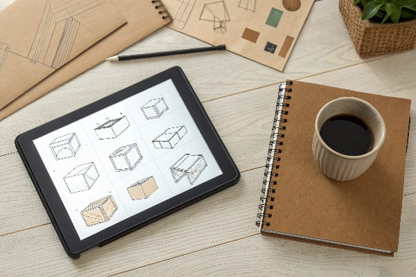 Tablet on desk showing technical packaging sketches next to notebook and coffee