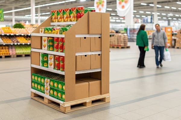 Supermarket floor display with cardboard shelves holding packaged chips