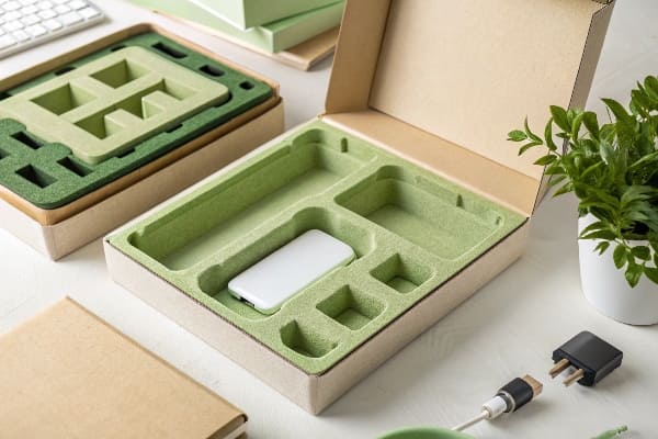 Green biodegradable molded pulp packaging for electronics in open boxes