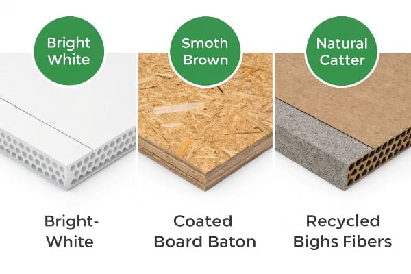 Comparison of three cardboard material samples with labels and textures