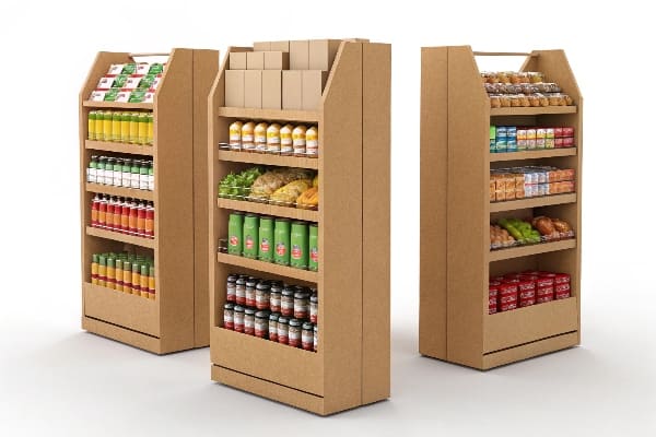 Three freestanding cardboard retail shelves stocked with products