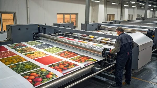 Arbeiter bedient eine große Offsetdruckmaschine, die bunte Blätter produziert