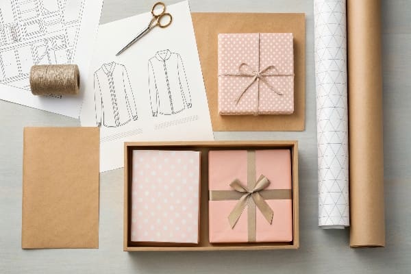 Pink gift boxes with ribbons and packaging design sketches