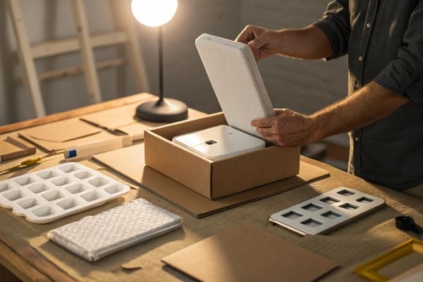 Person montiert Produktprototyp mit Schaumstoffeinlagen auf Schreibtisch