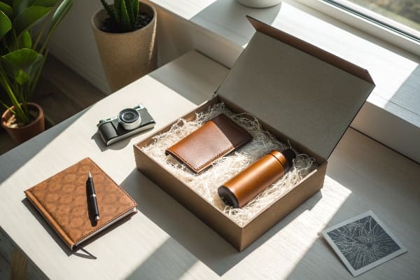 Opened gift box with leather goods on modern desk