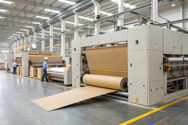 Large industrial paper machine producing kraft paper rolls in factory