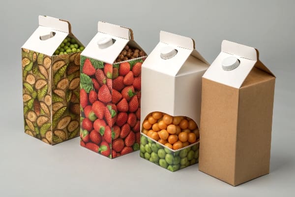 Four folding cartons with fruit prints and cutout windows for contents