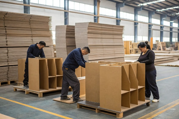 Workers assembling large cardboard shelving units in a factory setting