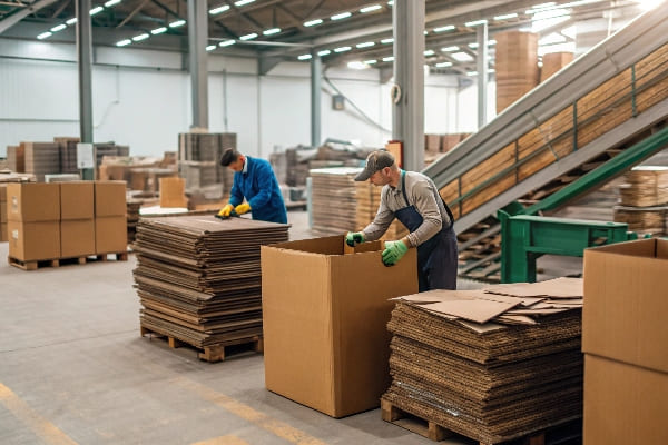 Workers assembling and stacking cardboard boxes in factory setting