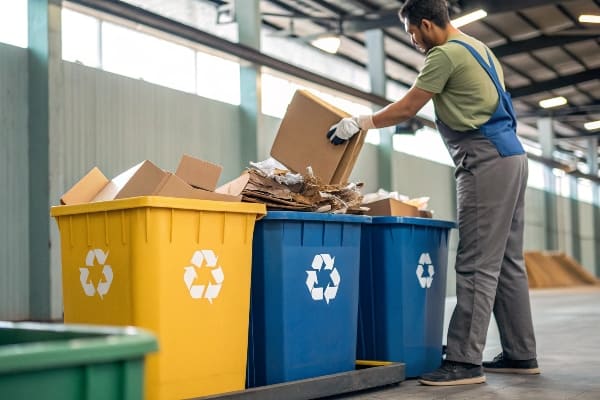 Worker sorting cardboard waste into recycling bins in warehouse