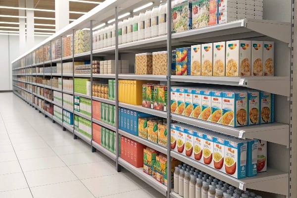 超市过道里摆满了食品折叠纸盒包装
