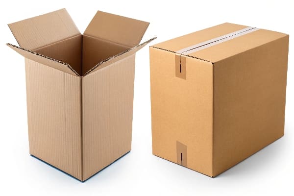 Open and closed corrugated cardboard boxes on white background