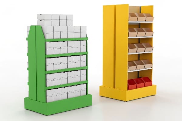 Green and yellow cardboard shelving units with white product boxes