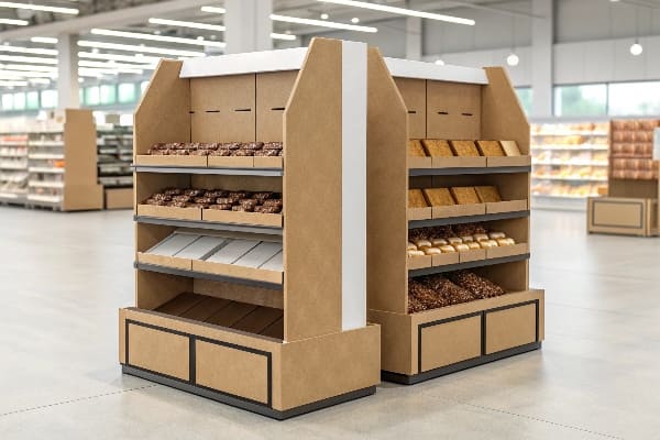 Cardboard bakery display stand with assorted bread and pastries
