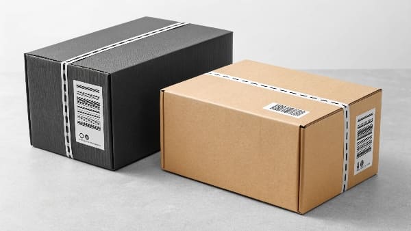 Black and brown cardboard PR boxes with shipping labels