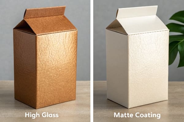 Side-by-side cardboard cartons with glossy and matte finishes